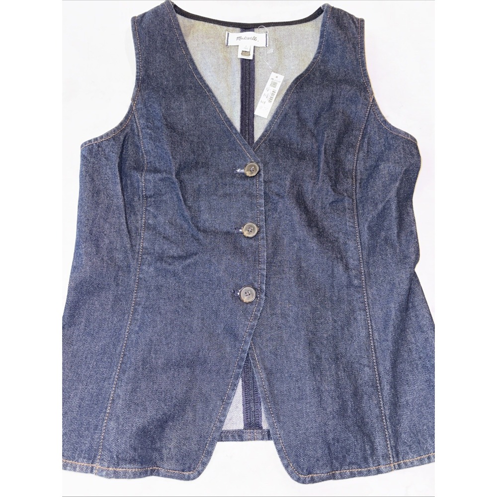 Madewell Denim Cutaway Vest Womens 4 Dark Blue Button Front V-Neck NW312 DM9455